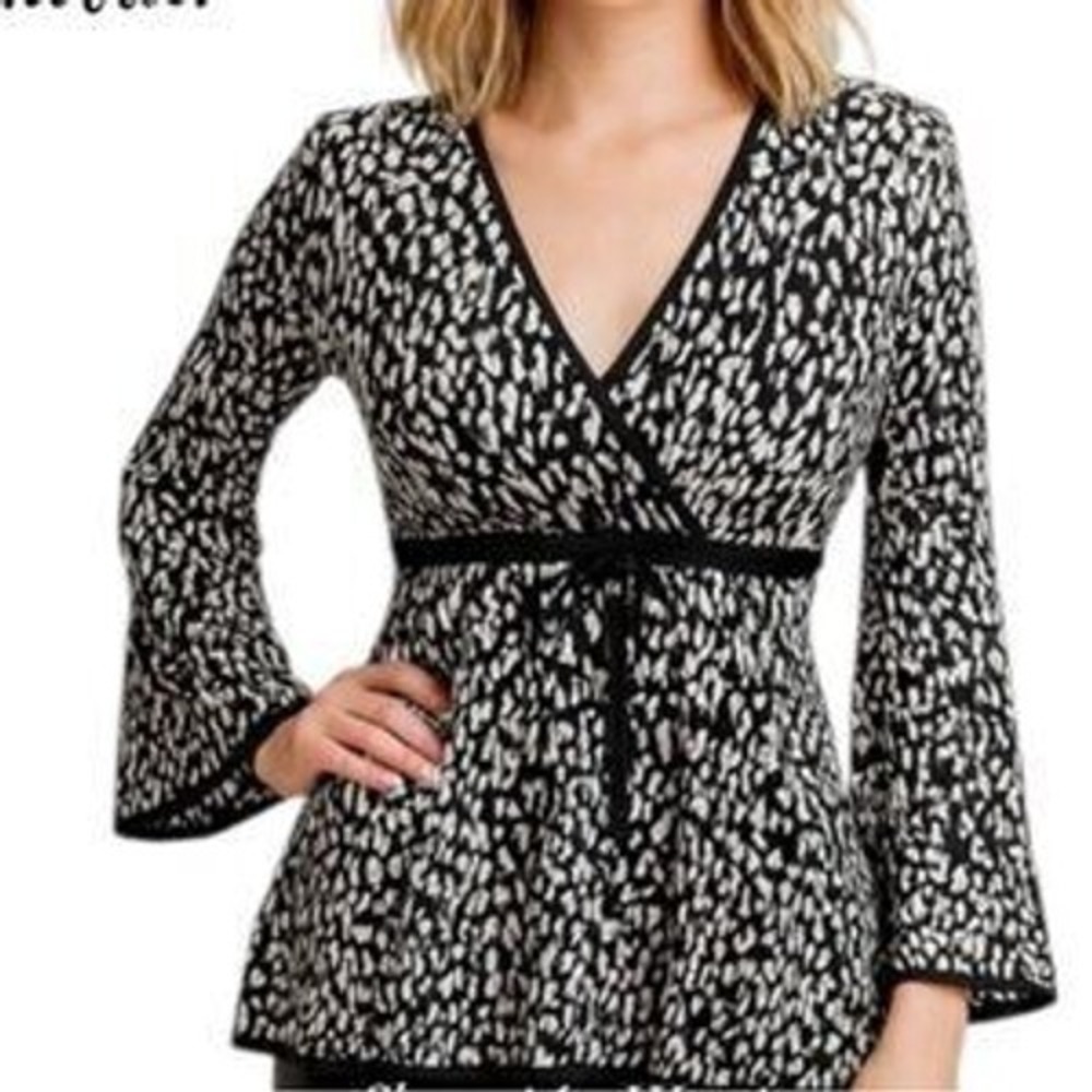 Michael Kors Womens Leopard Print Faux Wrap Bell Sleeve Cotton Knit Top Black S